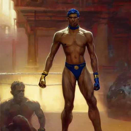 Image similar to anubis as a boxer ready to take on the world champ, boxing ring, strong spotlights, 4 k, trending on artstation, by gaston bussiere, craig mullins, artgerm, greg rutkowski, alphonse mucha