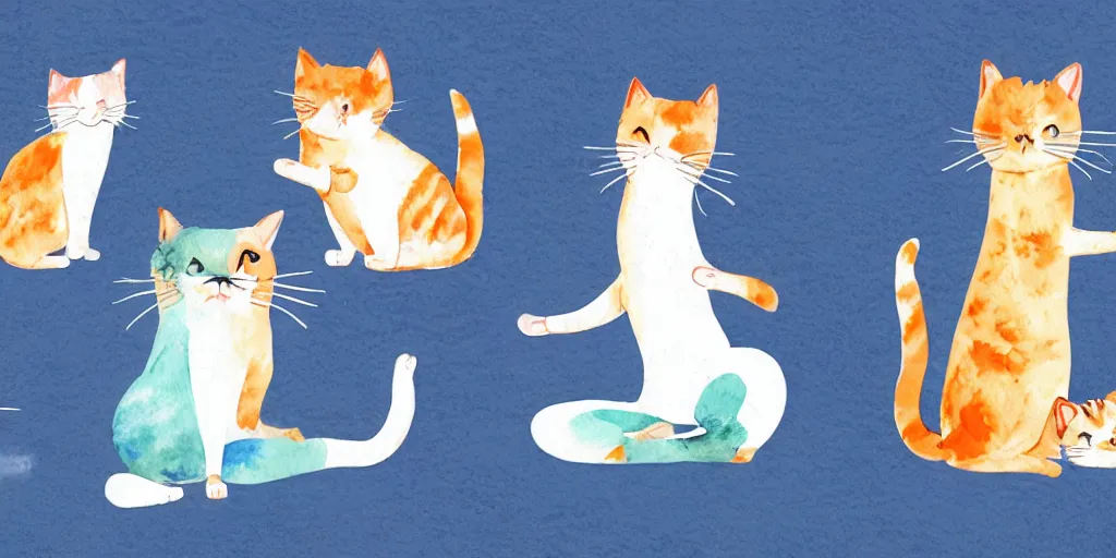 Prompt: watercolor illustration style, cute cats making yoga in class