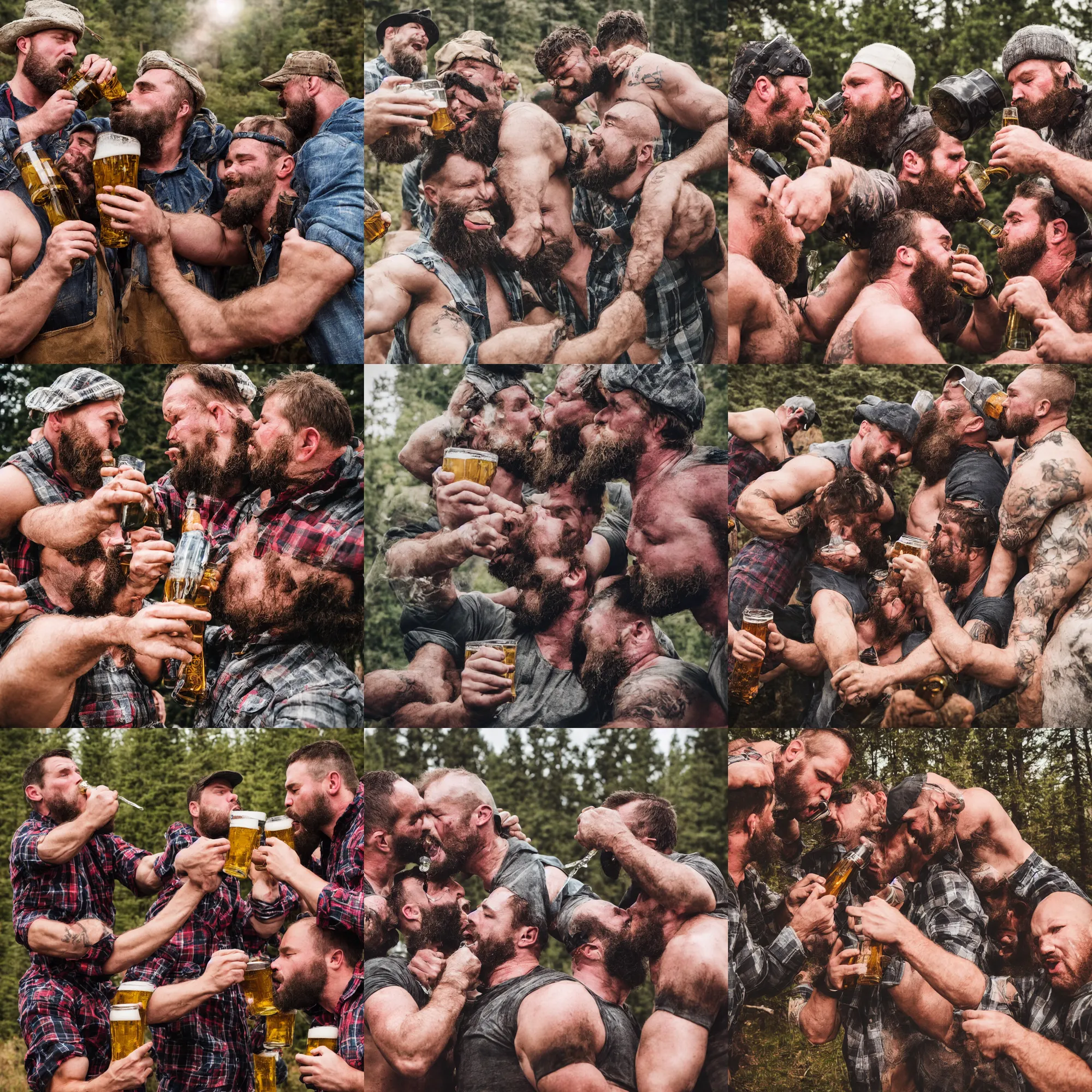 Prompt: mountain lumberjack strongmen kissing and drinking beer, dad energy, wholesome, brotherhood, photography, high resolution, very detailed, clear, smooth, manly, epic