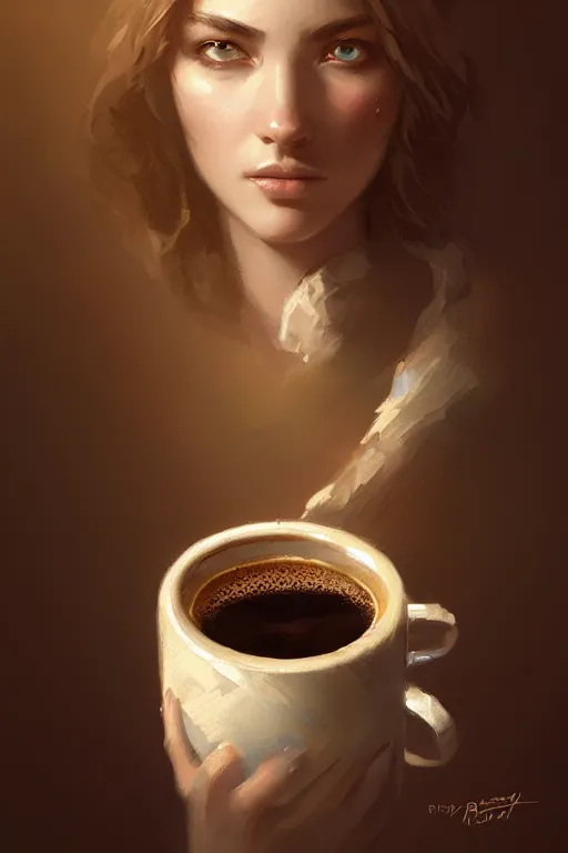 Image similar to highly detailed portrait of a coffee in the morning, ornate, digital painting, artstation, concept art, smooth, clear focus, greg rutkowski, artgerm, global lighting, detailed and fantasy