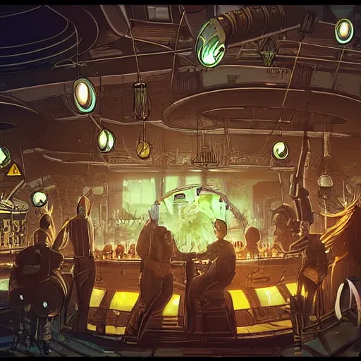 Image similar to a steampunk planet earth, has a drink at a bar. digital art, dramatic lighting, comedy, science fiction, concept art, epic fantasy, surreal. style of fifth element ( film )