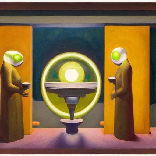 Image similar to three biomorphic robotic seers watchers oracles soothsayers with glowing eyes, inside a dome, pj crook, grant wood, edward hopper, syd mead, chiaroscuro, oil on canvas