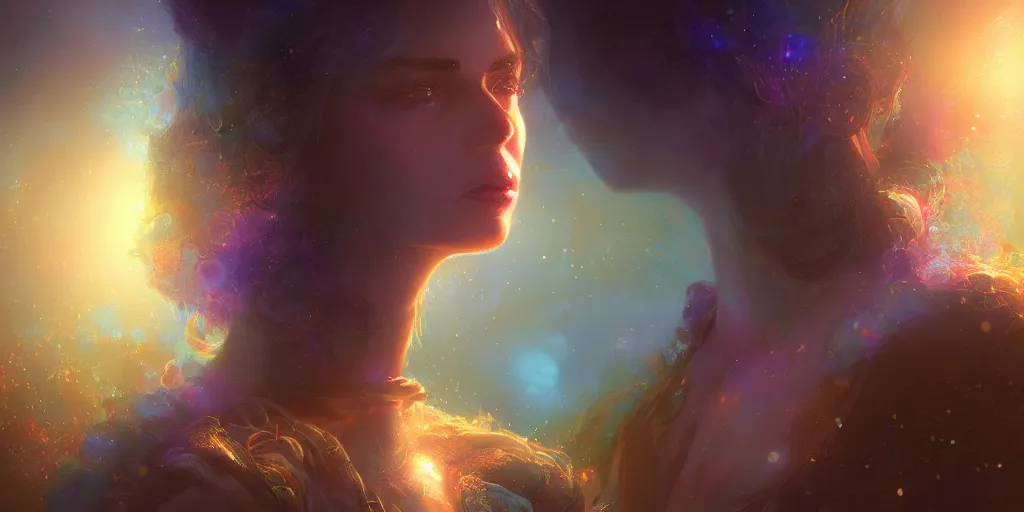 Image similar to the great beyond sharp focus, intricate, elegant, digital painting, artstation, matte, highly detailed, concept art, illustration, volumetric lighting, gold and blue and pink color scheme, bokeh light, art by greg olsen and liz lemon swindle