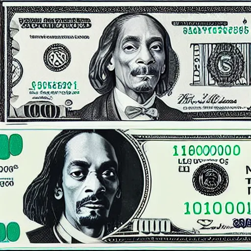 Image similar to a thousand dollar us bill featuring snoop dogg