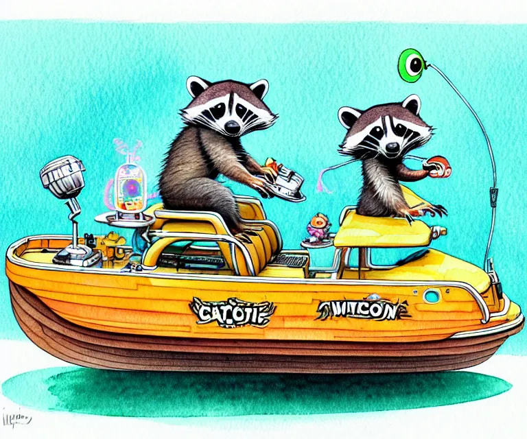 Image similar to cute and funny, racoon driving a tiny pontoon boat with party lights, ratfink style by ed roth, centered award winning watercolor pen illustration, isometric illustration by chihiro iwasaki, edited by craola, tiny details by artgerm and watercolor girl, symmetrically isometrically centered