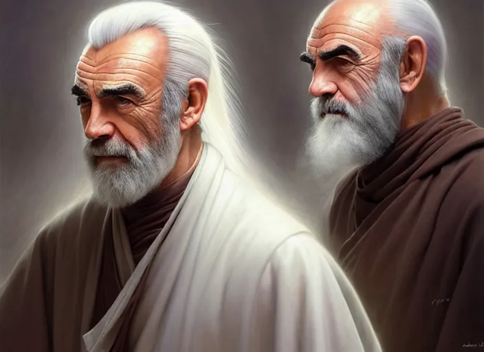 Image similar to white haired sean connery as a monk with long beard, robes, intricate, elegant, highly detailed, centered, digital painting, artstation, concept art, smooth, sharp focus, illustration, artgerm, tomasz alen kopera, peter mohrbacher, donato giancola, joseph christian leyendecker, wlop, frank frazetta