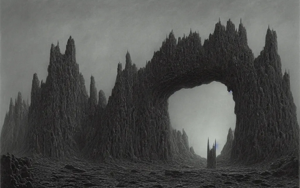 Prompt: black gate of mordor, by zdzisław beksinski, dynamic composition, dramatic lighting, ultra detailed