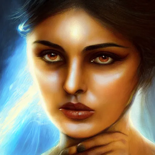 Image similar to India, magic, Beautiful face Portrait of crying young hindu Monica Bellucci, monstrous huge eyes, blue indygo thunder lightning, long wavy black hair, white veil, magic blue fire, closeup, focus face, dramatic lighting, intricate, India, wild, highly detailed, digital painting, artstation, concept art, smooth, sharp focus, illustration, art by artgerm and greg rutkowski and alphonse mucha, footage from space camera