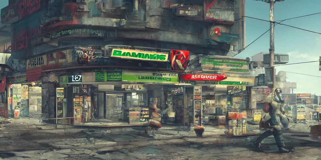 Image similar to Blackjack going to 7-11 and getting a Gatorade | Trending on ArtStation, Fallout | Hyperrealistic CGI Photorealistic Cyberpunk Post Nuclear City