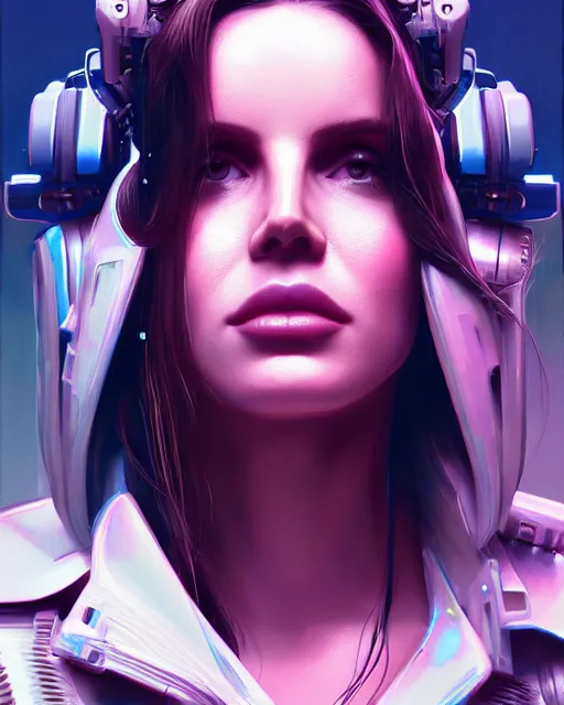 Image similar to portrait of lana del rey as a cyborg. intricate abstract. intricate artwork cyberpunk by tooth wu, wlop, beeple, dan mumford. octane render, trending on artstation, greg rutkowski ruan jia, cinematic lighting, hyper realism, high detail, octane render, 8 k, key art, blue and pink iridescent accents