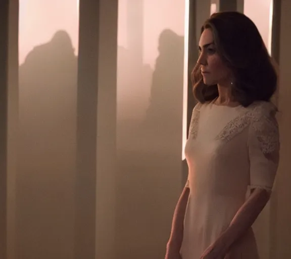 Image similar to a pov shot, color cinema film still kate middleton wearing a white lace dress in blade runner 2 0 4 9, cinematic lighting at night.