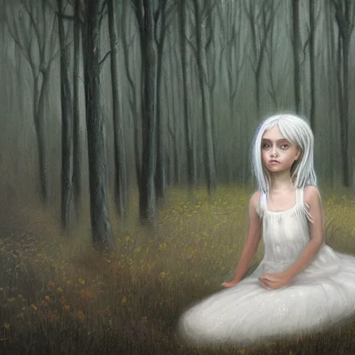 Image similar to a painting of a beautiful little girl in a white dress, white hair, bare foot, in the middle of a strange forest by Seb McKinnon