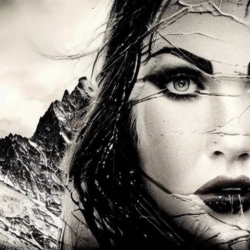 Image similar to double - exposure effect of megan fox face as beautiful mountains, in the style of dan mountford, amazing detail, black and white