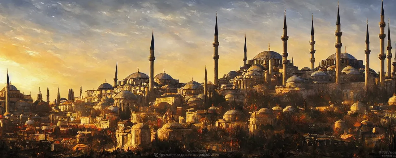 Prompt: a beautiful oil painting of medieval istanbul with ottoman people scenery landscape, lord of the rings,, rule of thirds, sunset, highly detailed, perfect lighting, perfect composition, 4 k, artgerm, derek zabrocki, greg rutkowski