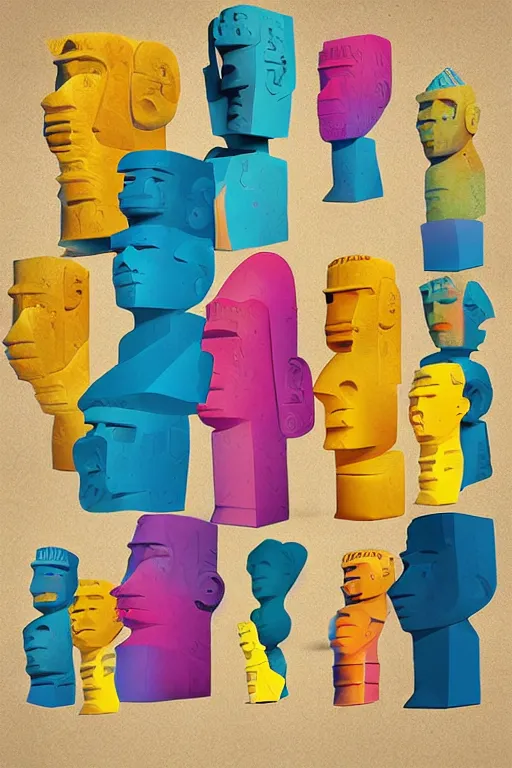 Image similar to cubist moai statue cutout digital illustration cartoon colorful beeple