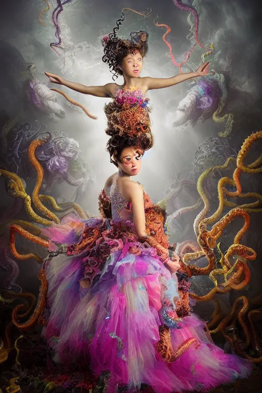 Prompt: A full body shot of a cute and mischievous young monster princess wearing an ornate gown. Covered in barnacles and tentacles. Dynamic Pose. Quinceanera dress. Rainbow palette. rainbowcore. Dramatic Lighting. Eldritch. defined facial features, symmetrical facial features. Opalescent surface. Emerging from the darkness. Elegant. By Ruan Jia and Artgerm and Range Murata and WLOP and Ross Tran and William-Adolphe Bouguereau. Key Art. realistic, Hyperdetailed. Fantasy Illustration. Masterpiece. artstation, award winning, sharp, details, HD, HDR, 4K, 8K.