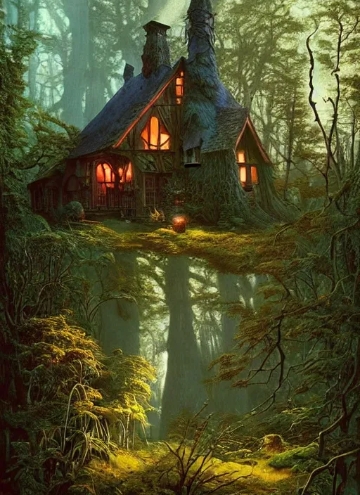 Image similar to hyper realistic witch cottage with mood lighting and technology in the woods gorgeous lighting, sunbeams blue sky, highly detailed, lush forest foliage painting by zdzisław beksinski and norman rockwell and greg rutkowski weta studio, and lucasfilm