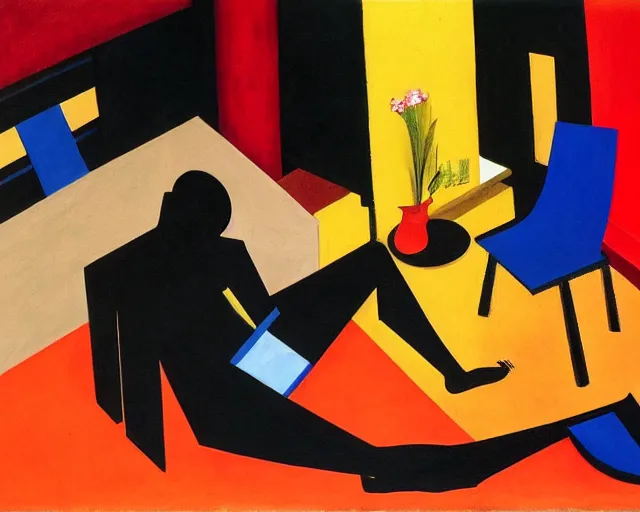 Prompt: a painting of a person sitting in a room, an art deco painting by Jacob Lawrence, featured on pixiv, vorticism, constructivism, surrealist, cubism