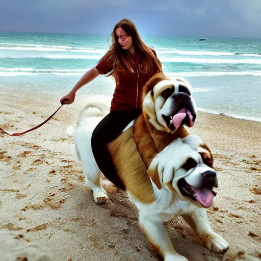 Prompt: girl riding a giant saint Bernard at the beach catching a frisbee, trending on artstation