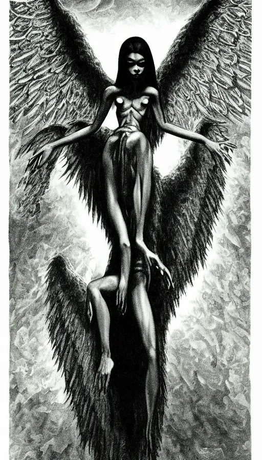 Image similar to manananggal, eerie silver engraving, high contrast