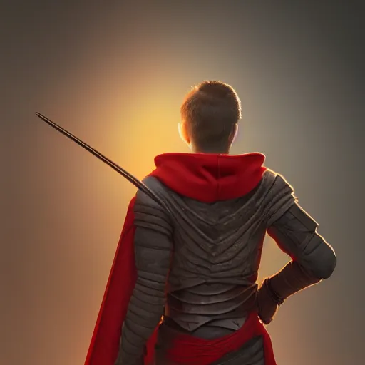 Prompt: view from the back warrior holding two swords, full body worn out damaged cape, red hoodie, worn out clothes, floating spiral sand, concept art, volumetric light, full body shot, 8K, trending on artstation