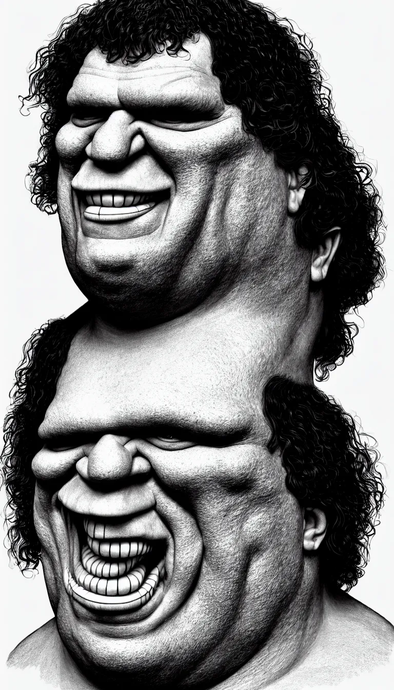 Prompt: a breathtaking 3 d pencil drawing of an incommensurable, malevolent andre the giant, king of pain, smiling smugly, light bends to him, saturated colors, digital art, catalogue raisonne, autodesk maya, cinema 4 d, hyperrealism, ultra detailed, hyper luxurious, by jarid mayo