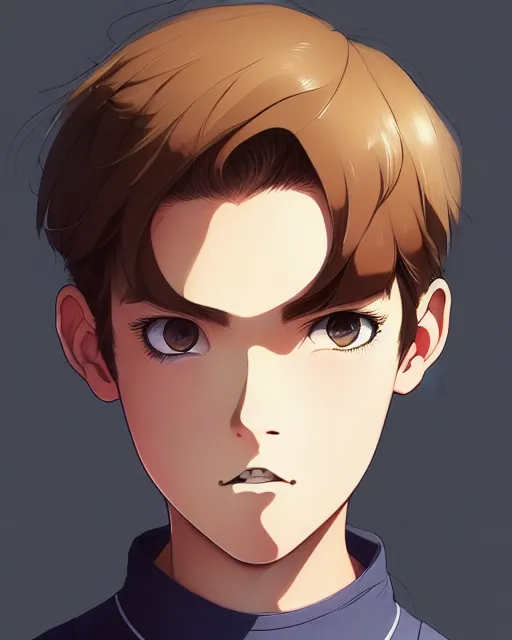 Image similar to teen boy with short hair, dark blonde, bangs, unibrow bushy eyebrows, mischievous grin, portrait shinkai makoto studio ghibli studio key hideaki anno sakimichan stanley artgerm lau rossdraws james jean marc simonetti elegant highly detailed digital painting artstation pixiv