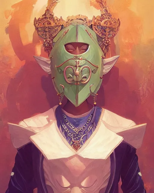 Prompt: happy mask salesman from zelda, full body photo,, highly detailed, digital painting, artstation, concept art, smooth, sharp focus, illustration, art by artgerm and greg rutkowski and alphonse mucha and wlop!!!!!!!