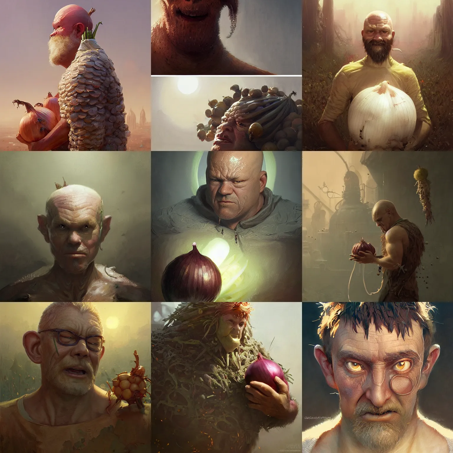 Prompt: onion man, character portrait, ultra realistic, concept art, intricate details, highly detailed by greg rutkowski, ilya kuvshinov, gaston bussiere, craig mullins, simon bisley, surrounding onions