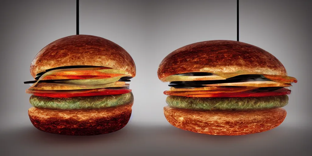 Prompt: a murano hamburger hybrid, digital art, dramatic product lighting