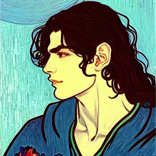 Image similar to painting of young handsome beautiful paladin elf! man with long wavy dark hair in his 2 0 s named shadow taehyung at the blueberry party, wearing armor!, elegant, clear, painting, stylized, delicate, soft facial features, art, art by alphonse mucha, vincent van gogh, egon schiele,