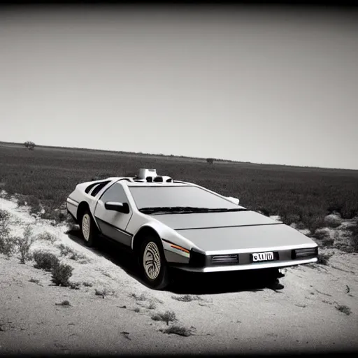 Prompt: a monochromatic sepia photograph of a delorean on the oregon trail, trending on art station,