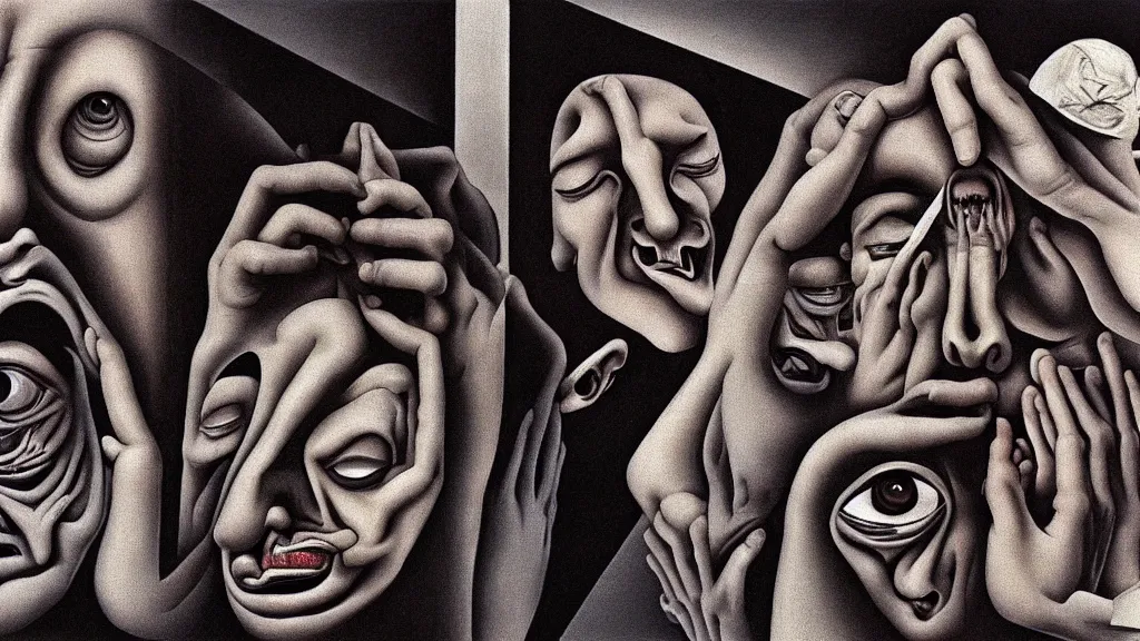 Image similar to a weeping man screams in agony, closeup on face, extreme facial symmetry |, afterlife, souls in joy and agony | abstract oil painting, gouche on paper by MC Escher and Salvador Dali |