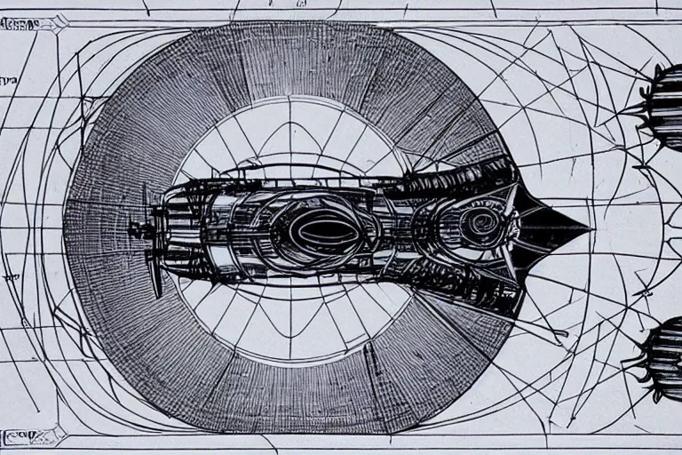 Image similar to Futuristic Neo Solar punk Space ship schematics, Leonardo DaVinci , Line art, Technical drawing, Spaceship parts manufacturing blueprints.