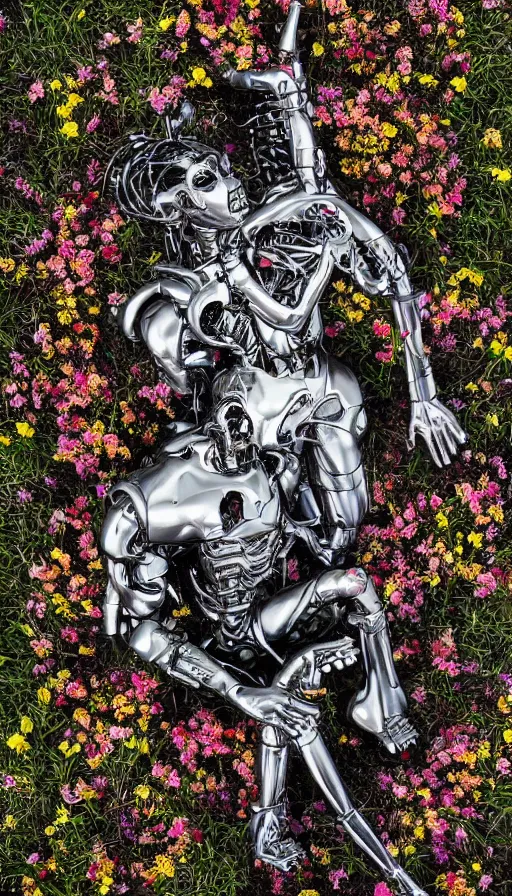 Image similar to destroyed terminator lying in a field of flowers, twisted metal, chrome, reflections, anthropomorphic, photorealism, smoke, metal, 8 k, surreal, wires, smooth, sharp focus, top view, extremely detailed, hyperrealism, elegant, establishing shot, by jeff koons, artgerm and greg rutkowski