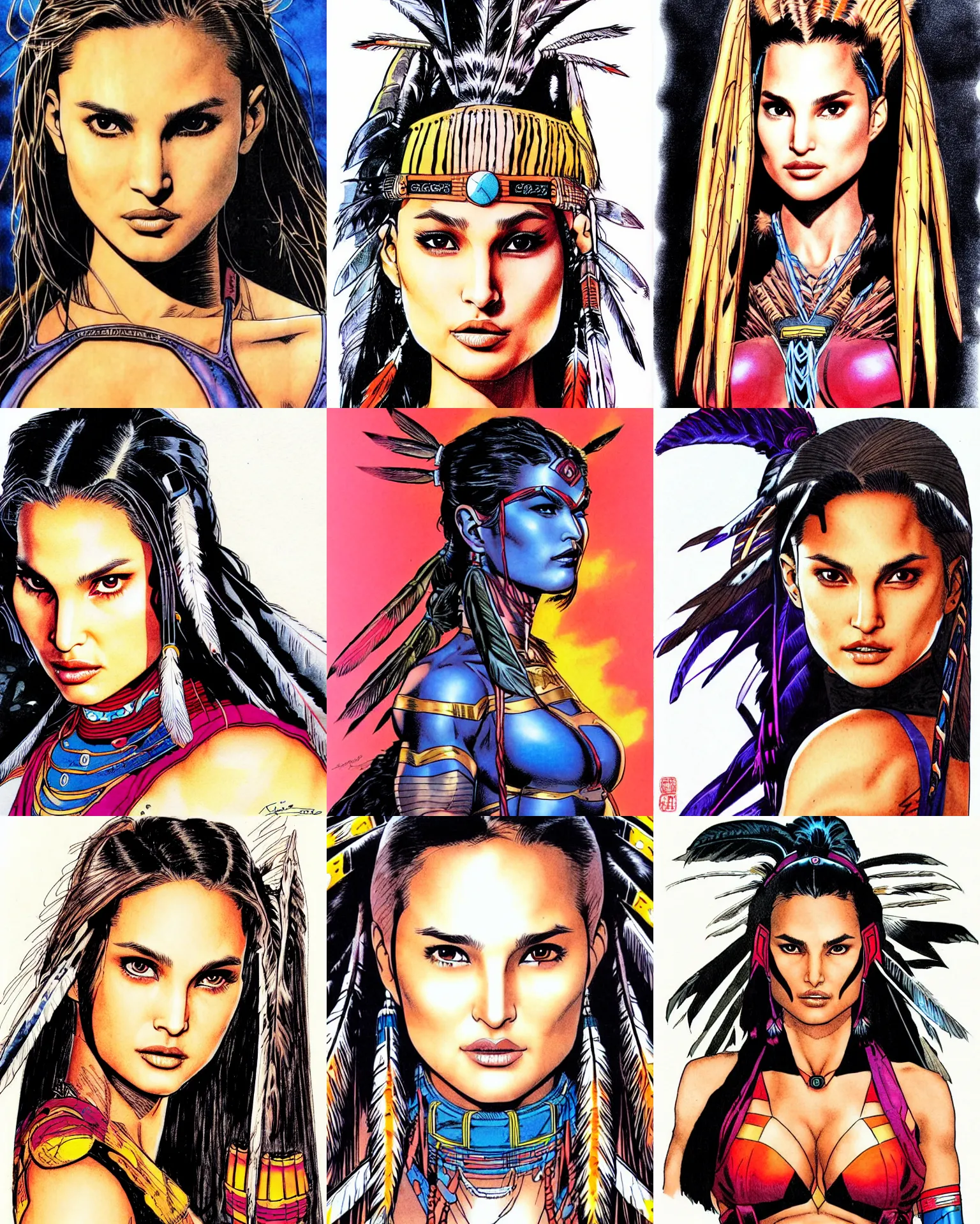 Prompt: jim lee!!! ink colorised airbrushed gouache sketch by jim lee close up headshot of native indian chinese natalie portman ( cindy crawford ) in the style of jim lee, x - men superhero comic book character by jim lee