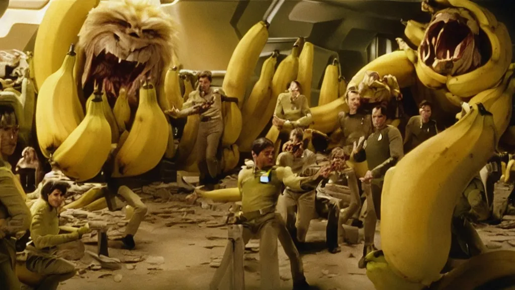 Prompt: a giant monster made of bananas killing crew on star trek, film still from the movie directed by Denis Villeneuve with art direction by Salvador Dalí, wide lens