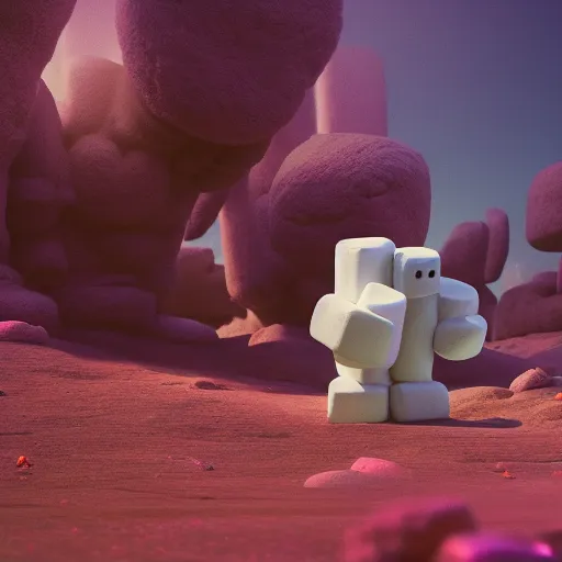 Image similar to A Marshmallow Golem wandering a candy landscape, mystical, mysterious, magical, Octane Render, Raytracing, 135mm camera lens