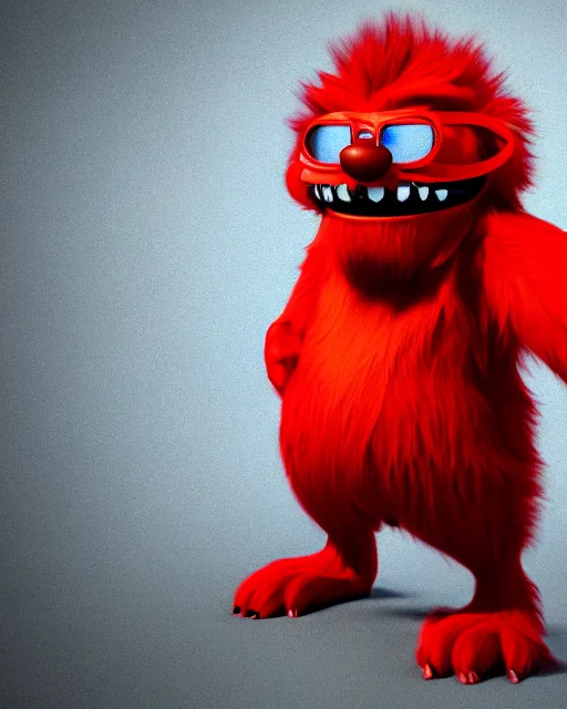 Prompt: 3 d render of completely red hairy friendly antropomorphic creature wearing chrome shades, without nose, full body, standing on 2 feet, in the style of pixar, white background, unreal engine 5, octane render, highly detailed hdr
