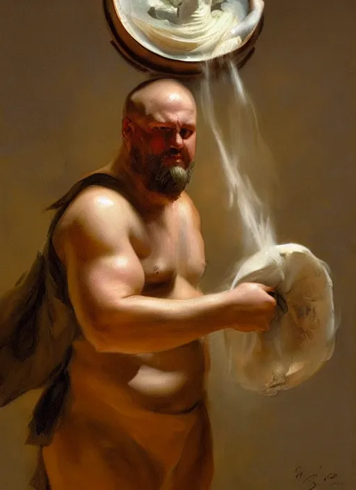 Image similar to beautiful oil painting portrait of hefty ethan van sciver as an ancient roman god holding up a steaming pie with one arm, art by anders zorn, wonderful masterpiece by greg rutkowski, expressive brush strokes, beautiful cinematic light, american romanticism by greg manchess, jessica rossier, wlop, artgerm, featured on artstation, cgsociety, award winning