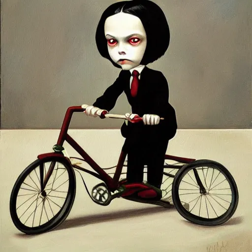 Prompt: Wednesday Addams on a tricycle, lowbrow painting by Mark Ryden