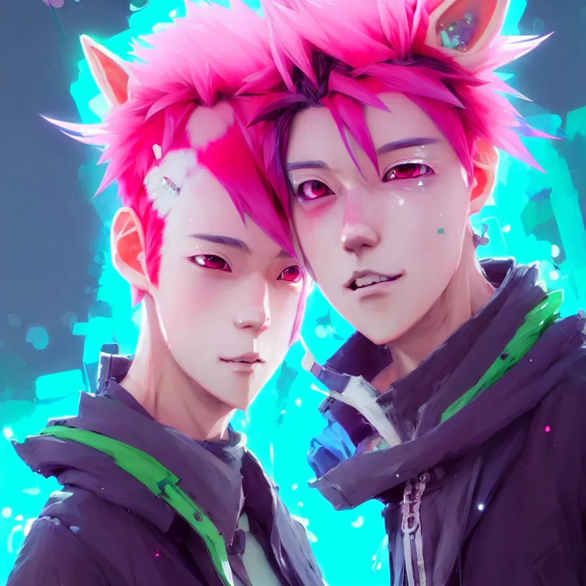 Image similar to a beautiful portrait of a handsome anime male boy with pink hair and pink wolf ears and green eyes wearing cyberpunk clothes. character design by cory loftis, fenghua zhong, ryohei hase, ismail inceoglu and ruan jia. artstation, volumetric light, detailed, photorealistic, fantasy, rendered in octane