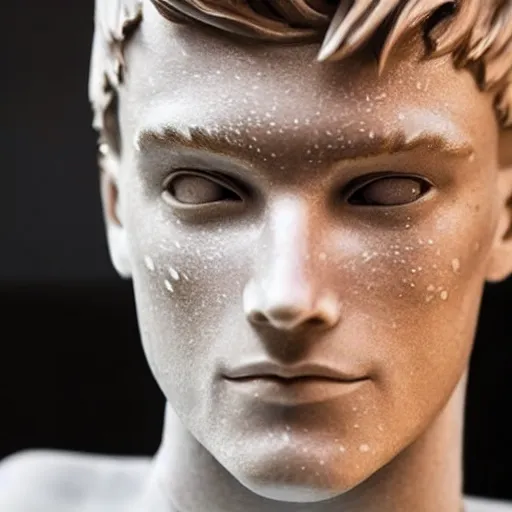 Image similar to a realistic detailed photo of a guy who is an attractive humanoid who is half robot and half humanoid, who is a male android, soccer player martin ødegaard, shiny skin, posing like a statue, blank stare, by the pool, on display, showing off his muscles, humanoid robot, frozen ice statue