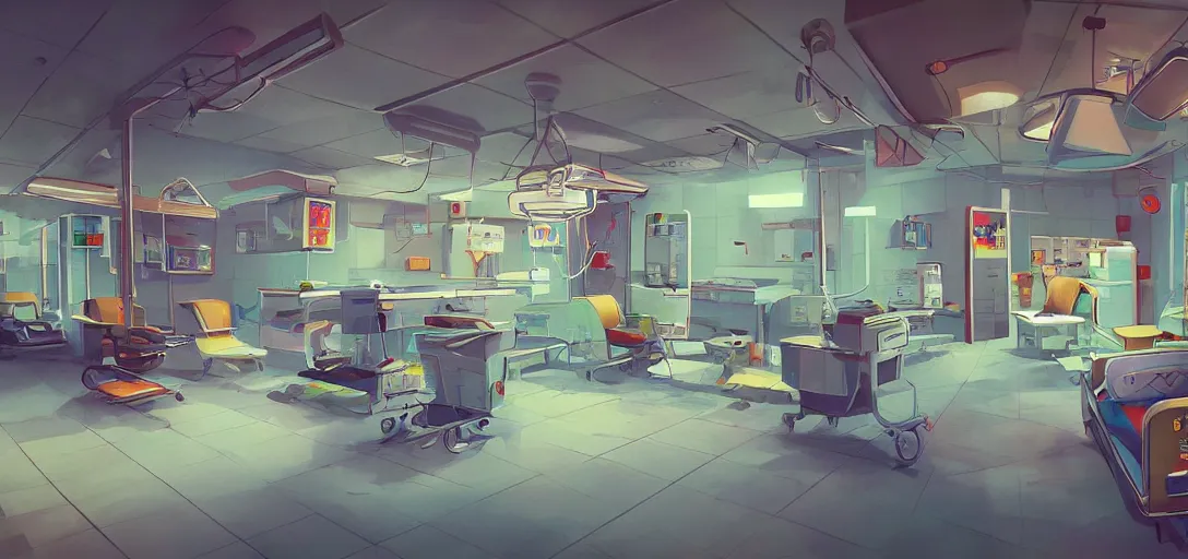 Prompt: retro hospital concept art, colorful, 8 k photorealistic, hd, high details, trending on artstation