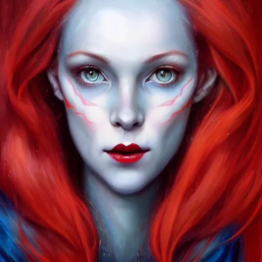 Image similar to A detailed matte oil on canvas head on symmetrical portrait of a distinguished elven woman with red and blue hair on an empty background, by Charlie bowater, Lise Deharme, Wlop, trending on artstationhd, dungeons and dragons art, parted hair , half blue, half red , split dye, critical role