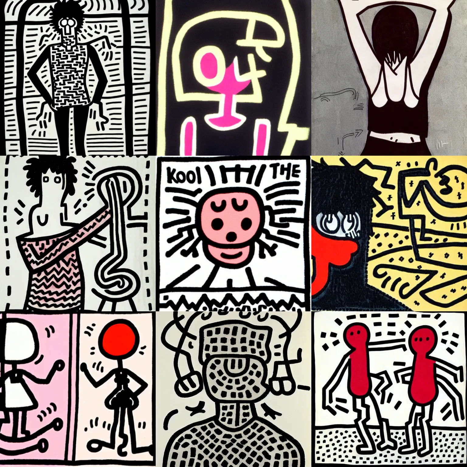 Prompt: an emo by keith haring. her hair is dark brown and cut into a short, messy pixie cut. she has large entirely - black eyes. she is wearing a black tank top, a black leather jacket, a black knee - length skirt, a black choker, and black leather boots.