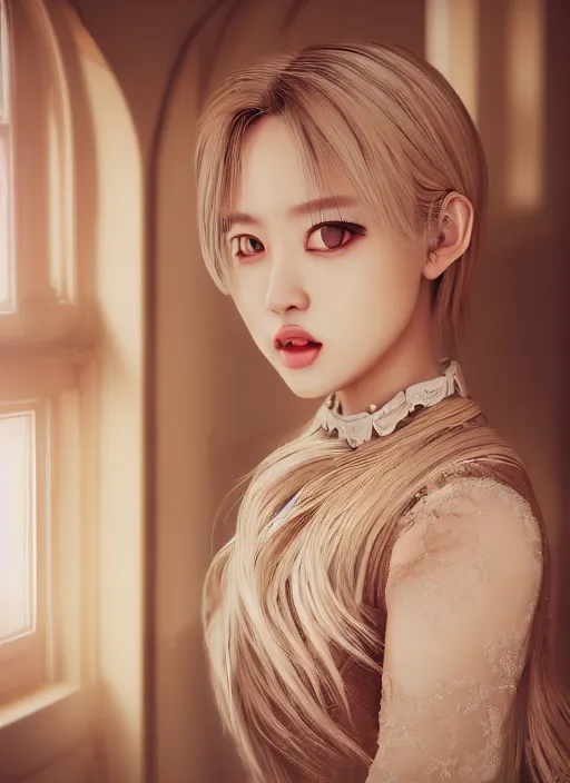 Prompt: portrait of an asian girl with blonde hair, in a fancy mansion, young cute beautiful face, wearing an expensive dress, detailed, 8 k, epic, charming, character, octane rendering, hyper - realistic