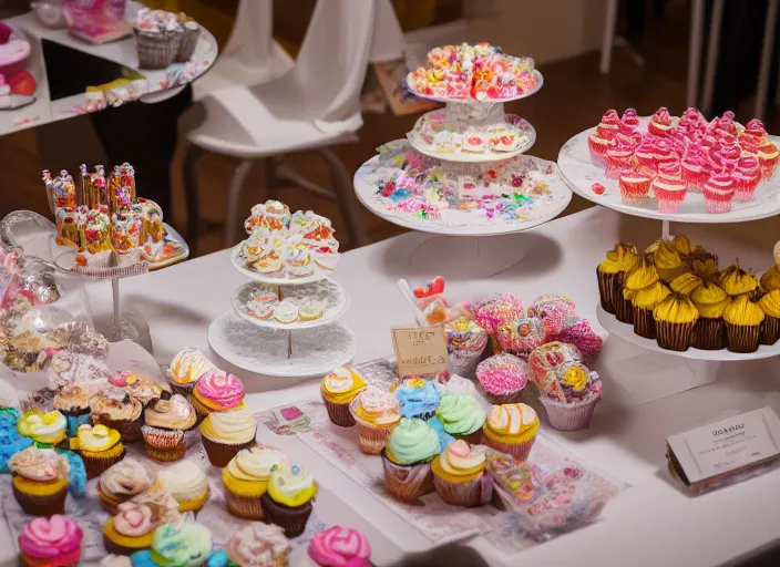 Image similar to a table with a white map full of sweets and cupcakes. highly detailed 8 k. intricate. nikon d 8 5 0 3 0 0 mm. award winning photography.