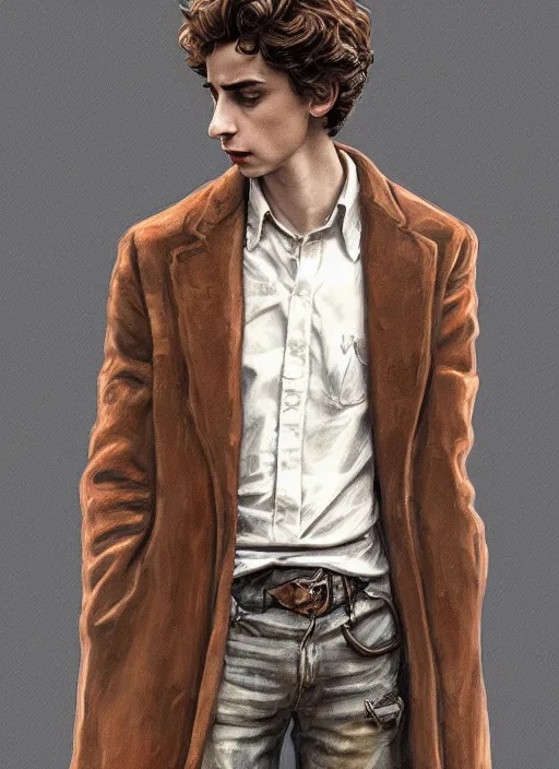 Image similar to a highly detailed illustration of timothee chalamet wearing brown coat and face mask, extra mechanical arms on his back, dramatic hands in pocket standing pose, intricate, elegant, highly detailed, centered, digital painting, artstation, concept art, smooth, sharp focus, league of legends concept art, WLOP