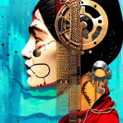 Prompt: portrait of chitral woman :: side profile :: in ocean :: clockwork details :: gold :: blood and horror :: by marvel and Sandra Chevrier